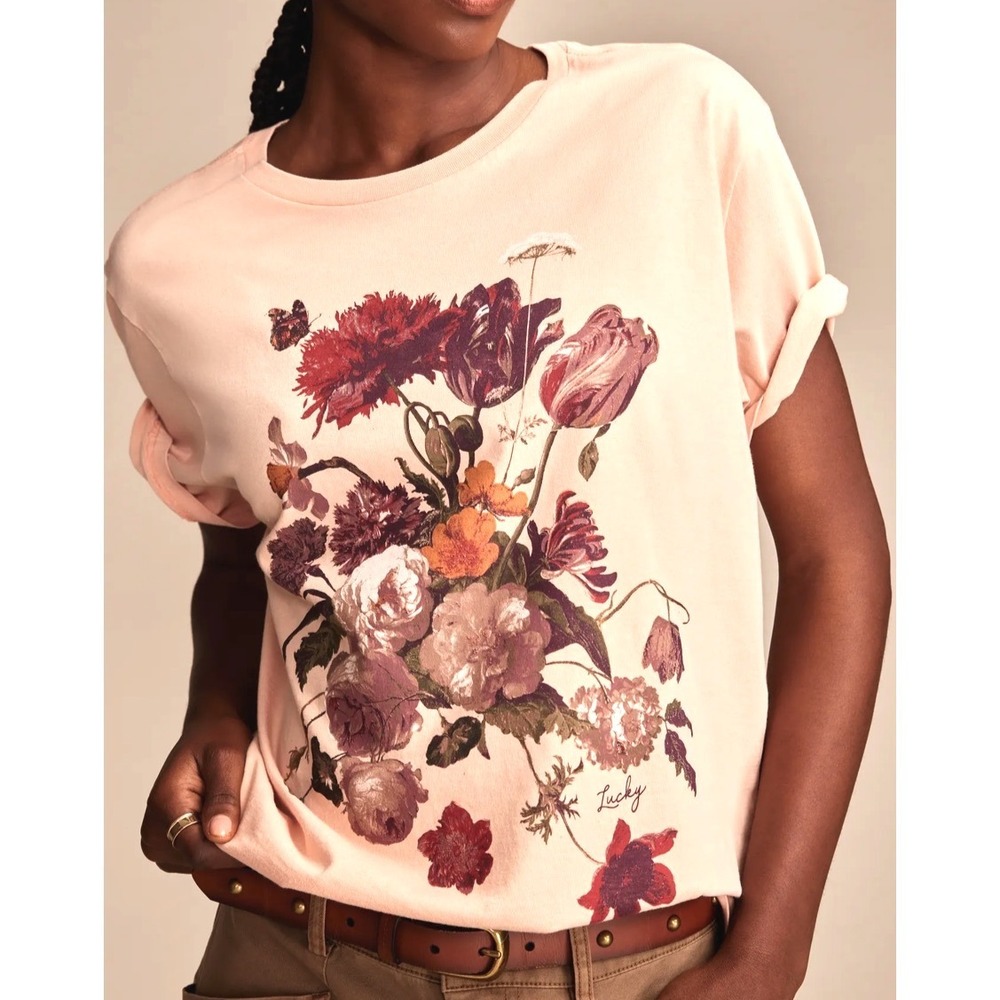 LUCKY BRAND Mahogany Rose HERITAGE BOUQUET BOYFRIEND Crewneck T-SHIRT/TOP XS